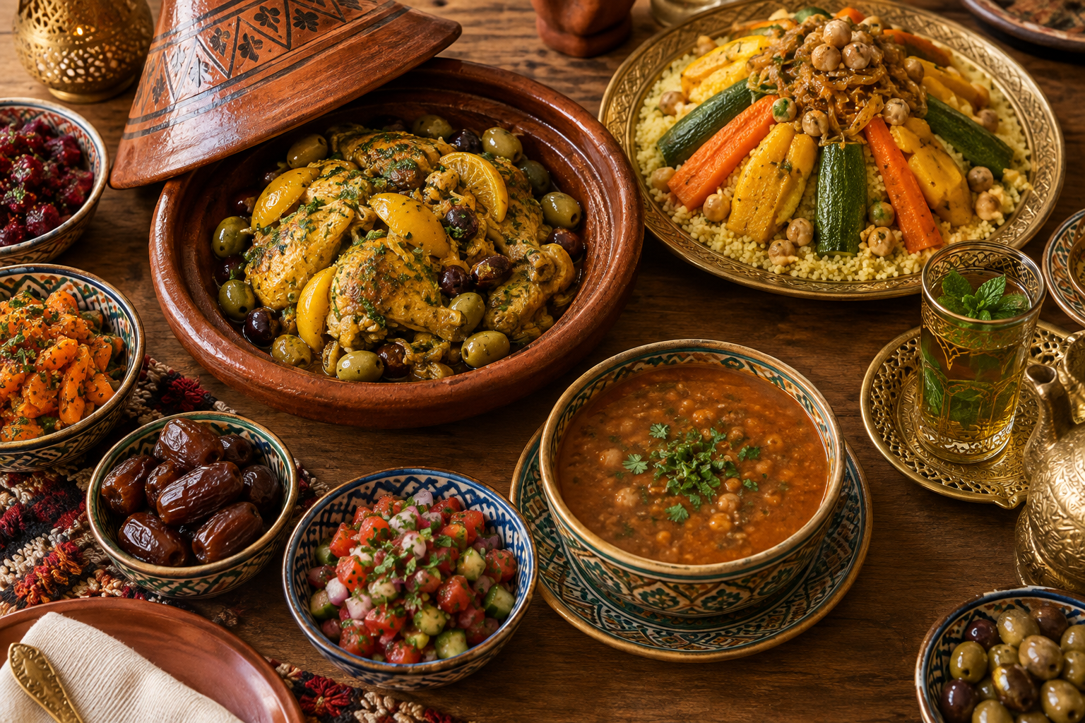 Marokkaanse maaltijd met tajine, harira, couscous, salades en muntthee op tafel