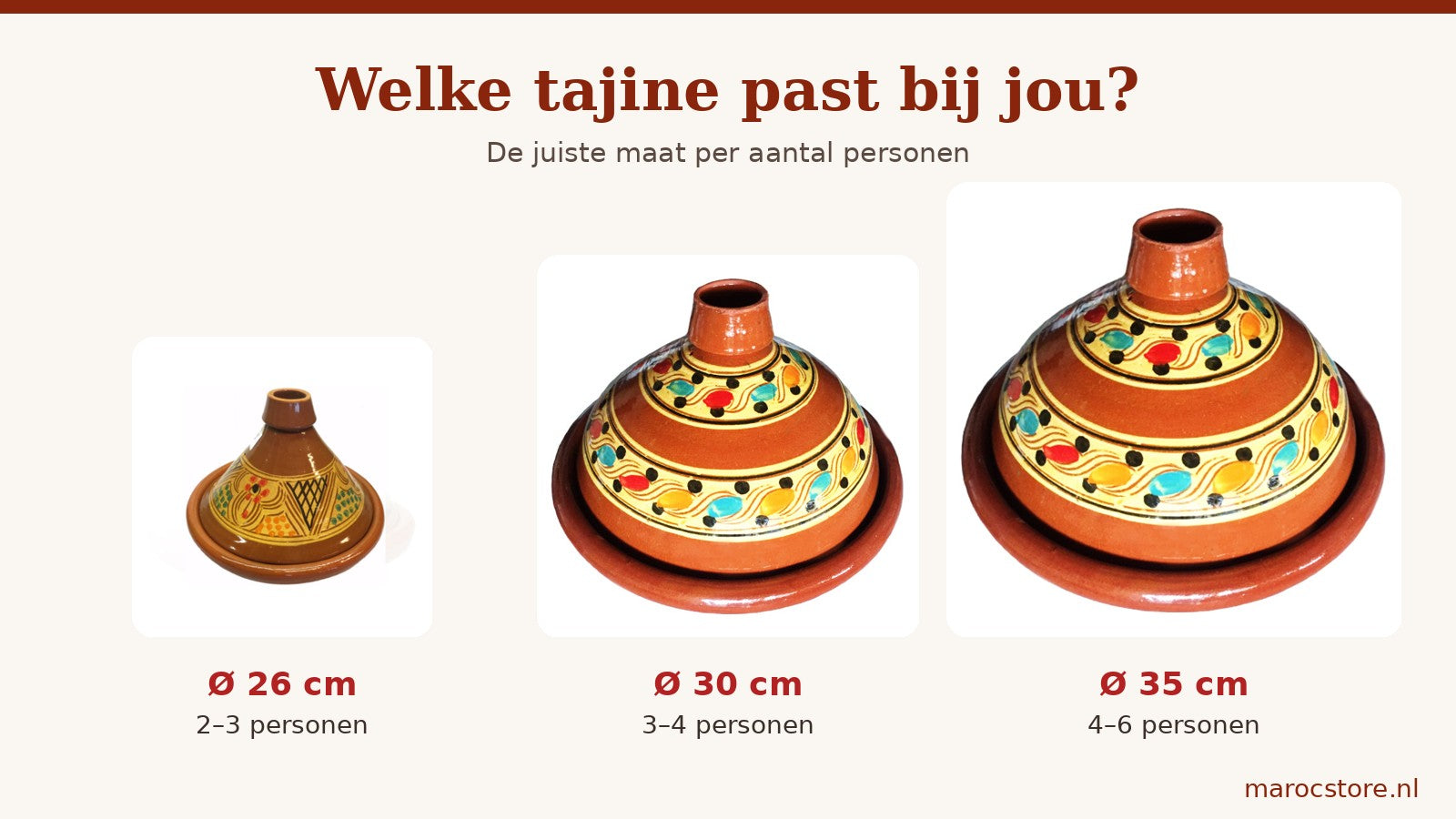 Drie Marokkaanse aardewerk tajines naast elkaar: Ø 26 cm voor 2–3 personen, Ø 30 cm voor 3–5 personen en Ø 35 cm voor 4–6 personen