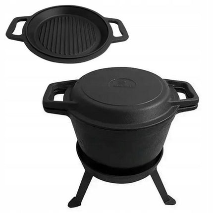 Kinghoff KH1733 Gusseisen-Campingtopfset – 3-in-1 – 8 Liter – Geeignet für Feuer, Herd & Ofen – Inkl. Grilldeckel & Gestell – Camping – Zelten