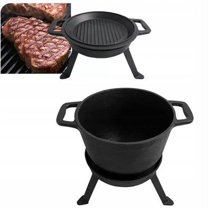 Kinghoff KH1733 Gusseisen-Campingtopfset – 3-in-1 – 8 Liter – Geeignet für Feuer, Herd & Ofen – Inkl. Grilldeckel & Gestell – Camping – Zelten