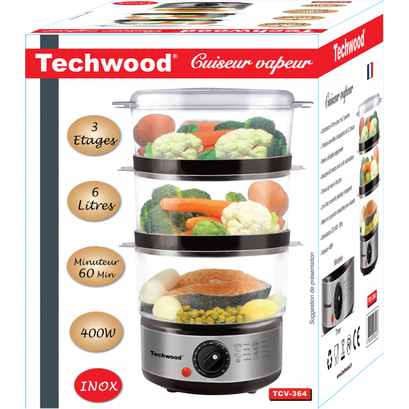 CUISEUR VAPEUR TECHWOOD - 3 paniers vapeur - 6 Litres