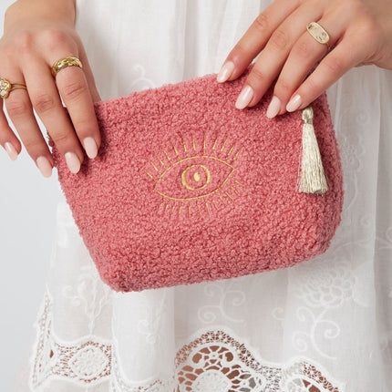 Make-up-Tasche mit Goldenem Auge – Rosa Kulturbeutel – 19,5x13,5x5,5 cm – Polyester – Schmucktasche oder Kosmetiktasche – Mit Reißverschluss – Einzigartiges Geschenk