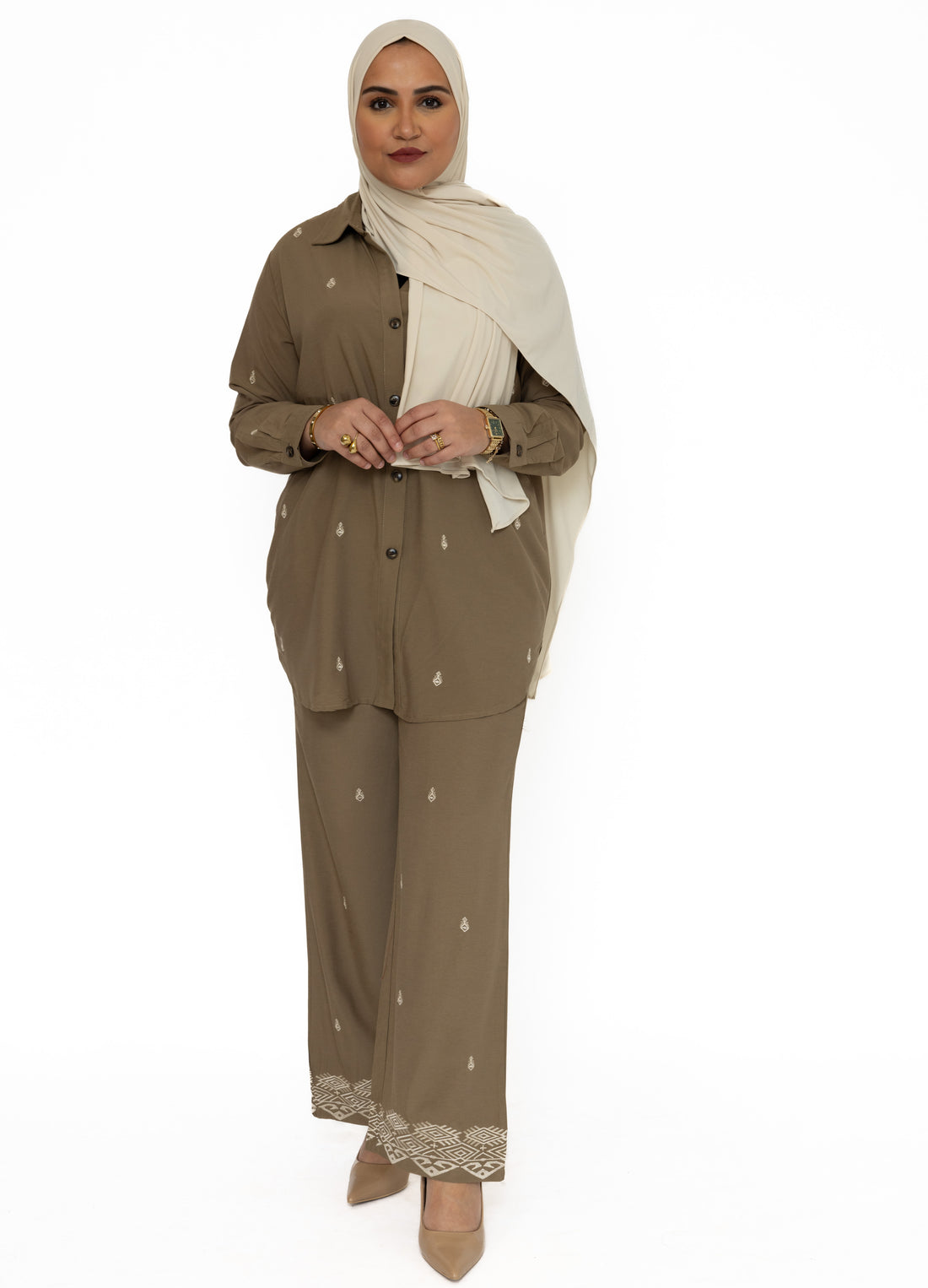 Orient twinset dames – in zwart, khaki of terracotta, maat S/M of L/XL