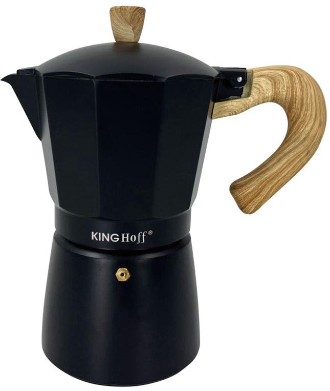 Kinghoff Aluminium Espressomaker KH-1887 – 9 Kopjes – Zwart Met Houten Handvat – Geschikt voor Inductie - 450ml - Percolator