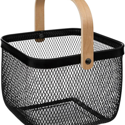 5Five Drahtkorb/Obstschale Maya - quadratisch - schwarz - 26 x 26 x 18 cm - Metall/Holz - Küchenkorb