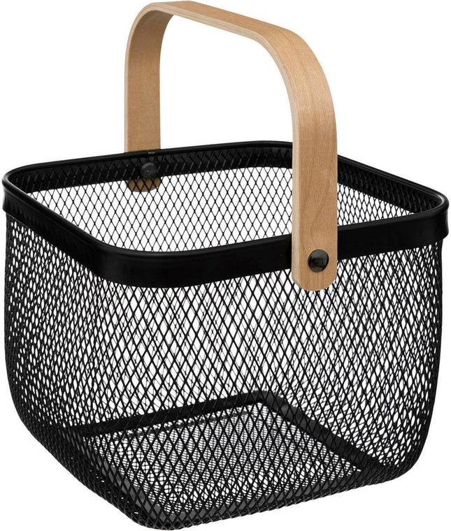 5Five draadmand/fruitschaal Maya - vierkant - zwart - 26 x 26 x 18 cm - metaal/hout - keuken mand
