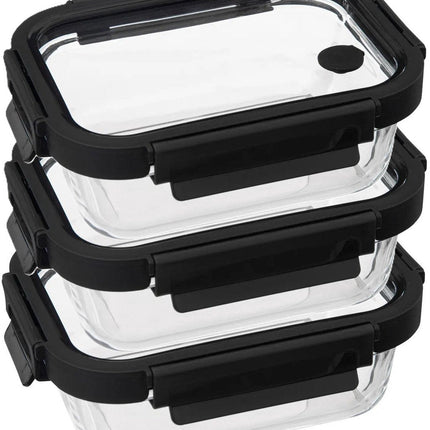 5Five Frischhaltedose mit Deckel - 3er-Set - Glas - luftdicht - mit Clips - 19 x 14 x 7 cm - 500 ml - schwarz/transparent
