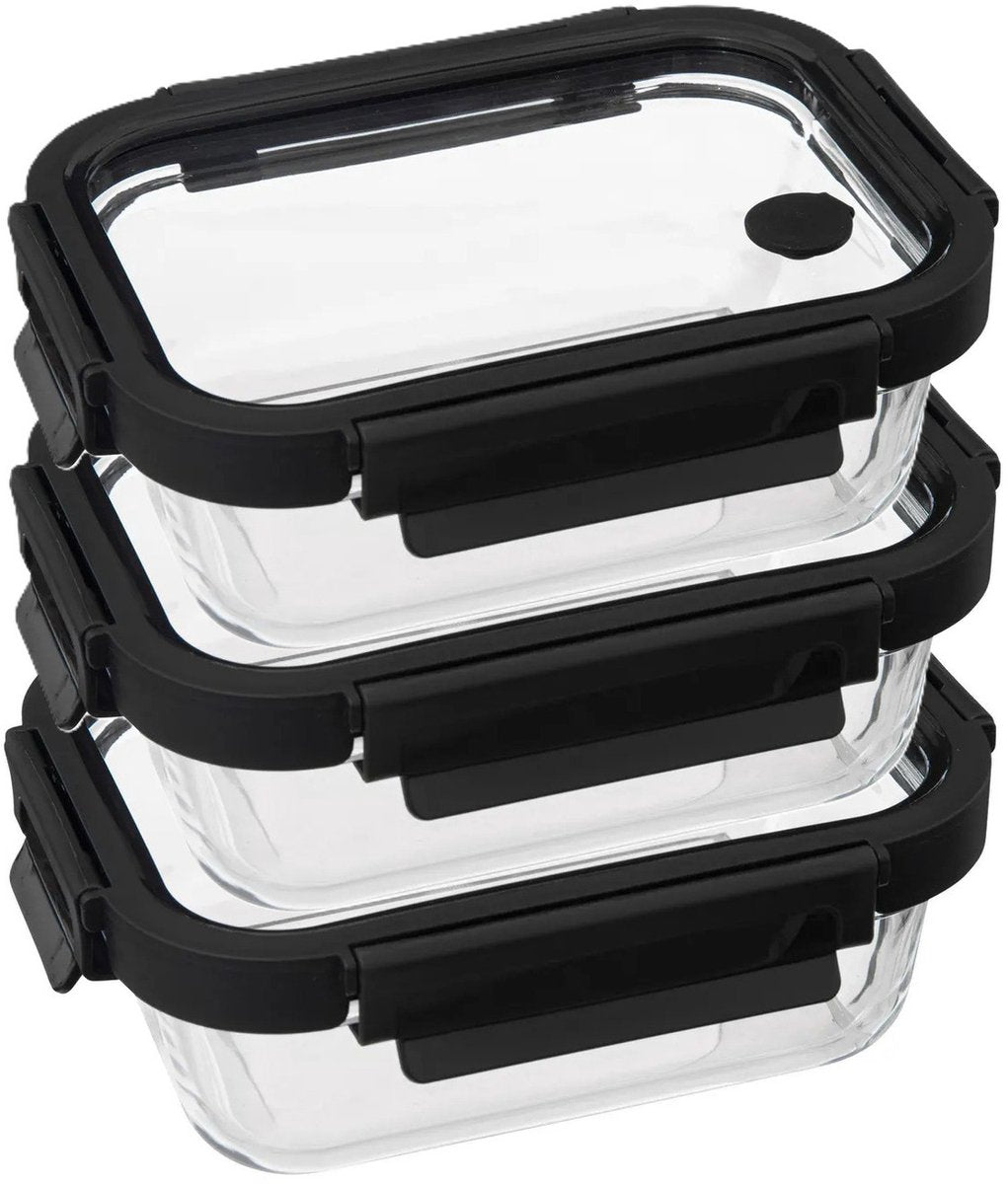5Five Frischhaltedose mit Deckel - 3er-Set - Glas - luftdicht - mit Clips - 19 x 14 x 7 cm - 500 ml - schwarz / transparent