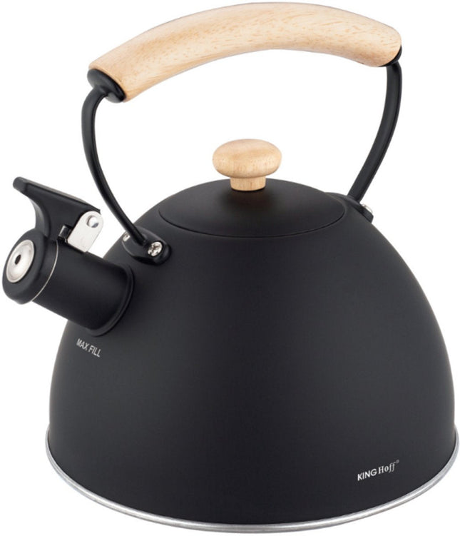 KINGHoff Flötenkessel 2.5 Liter – Edelstahl – Induktionsgeeignet – Mattschwarz mit Holzgriff – Minimalistisches Design – KH-1999
