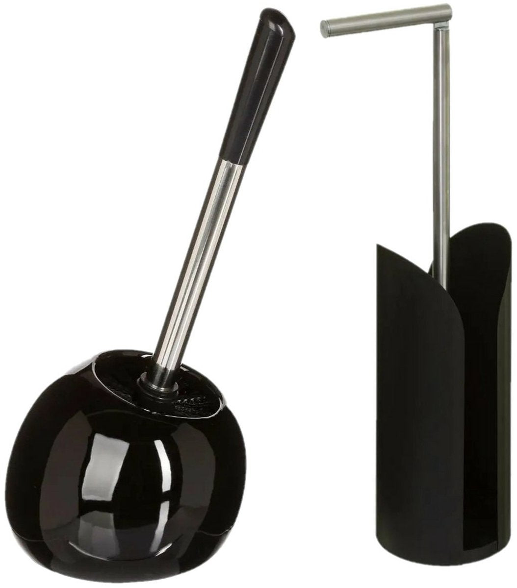 5Five - WC-Bürste - Toilettenbürste - mit Toilettenpapierhalter - Badset - in Schwarz - Dolomit und Metall