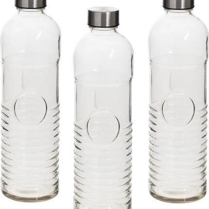 Set aus 3 Wasserflaschen/Trinkflaschen 1 Liter aus gehärtetem Riffelglas - Glas-Trinkflaschen