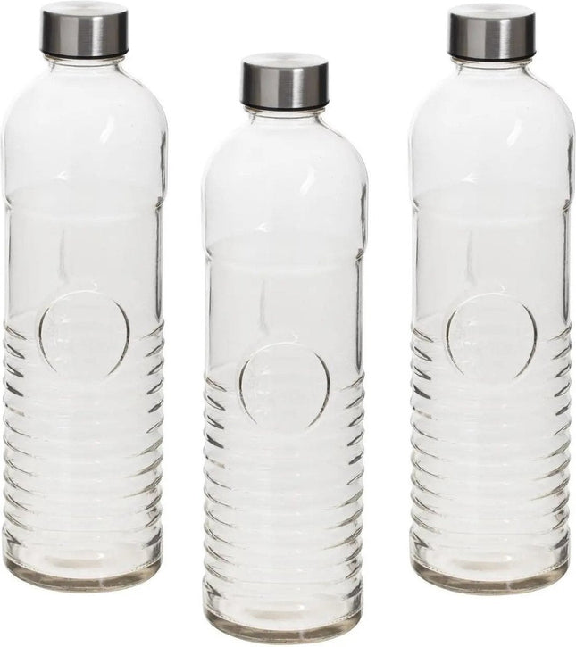 Set van 3x stuks waterflessen/drinkflessen 1 liter van gehard ribbel glas - Glazen drink flessen