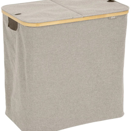 5Five Wasmand dubbel compartiment - polyester - met deksel - beige - 53 x 33 x 54 cm - 80 liter - Tidy Box - Opvouwbaar