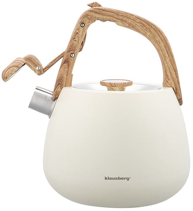 Klausberg 7775 - Fluitketel met fluit - 2.5 liter - RVS - Wit met houten handgreep