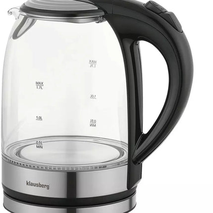 Klausberg KB7886 Wasserkocher – 1,7L, 1800W, Borosilikatglas & Edelstahl 304, LED-Beleuchtung, 360° drehbare Basis
