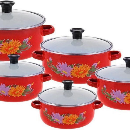 10-teiliges Topfset - Emaille - rot