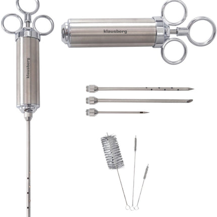 KLAUSBERG KB-7842 Vlees Marinade Spuit – RVS, 60 ml, Set met 3 Naalden & Accessoires - BBQ Accesoire - Vlees Injectiespuit - Injector