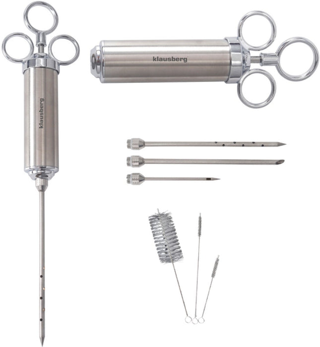 KLAUSBERG KB-7842 Fleischmarinadenspritze – Edelstahl, 60 ml, Set mit 3 Nadeln & Zubehör – BBQ Zubehör – Fleischspritze – Injektor