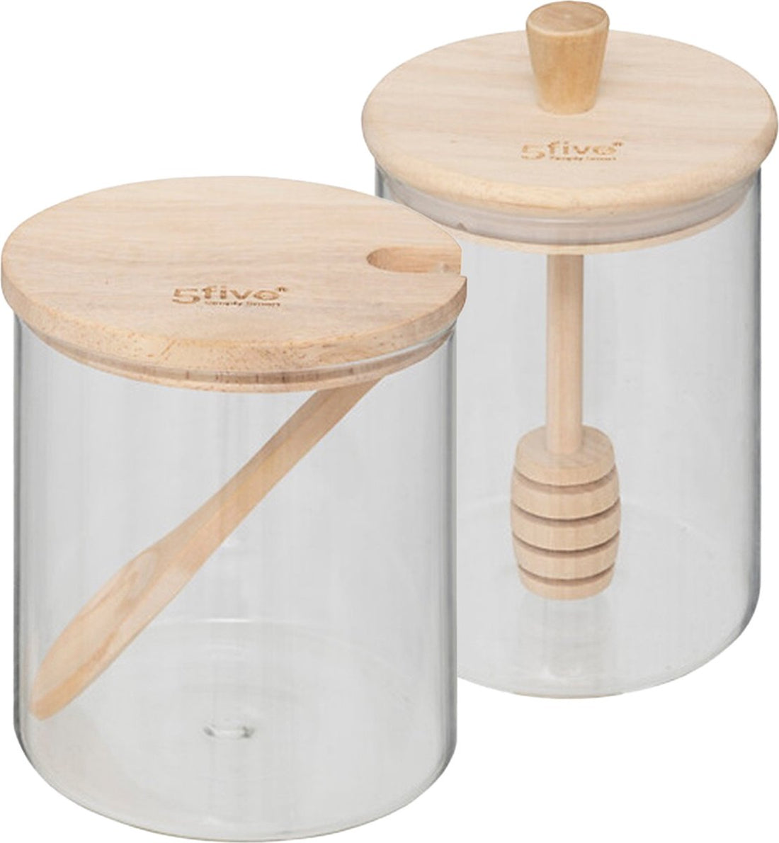 Ensemble de cinq pots à sucre et à miel - 400 ml - verre/bambou - transparent - avec cuillère