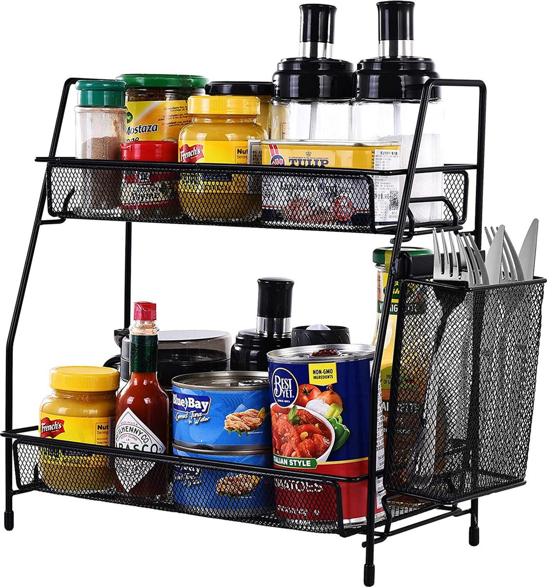 Étagère à épices sur pied en métal à 2 niveaux avec grande capacité et panier, peut être montée, support à épices, convient à la plupart des pots à épices, étagère à épices