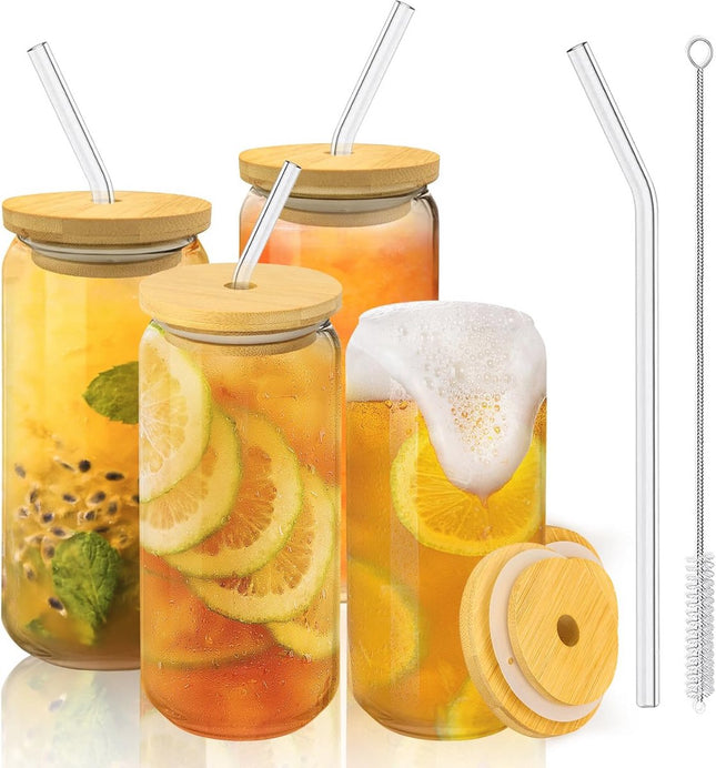 Bubble Tea Glazen Set - 4 Stuks 500 ml met Deksel en Rietje