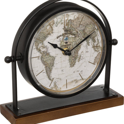 Atmosphera Tafelklok Earth Map - zwart - H21 cm - Dia klok 16 cm - glas/metaal/mdf - op standaard