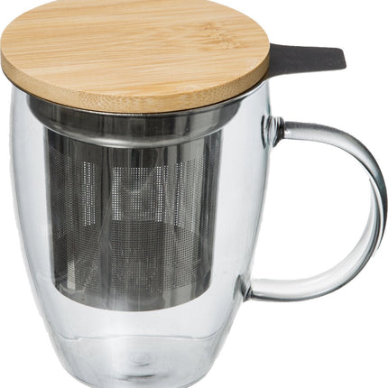5Five Arha Teetasse mit Filter - Teetasse - Mit Bambusdeckel - Glastasse mit Henkel