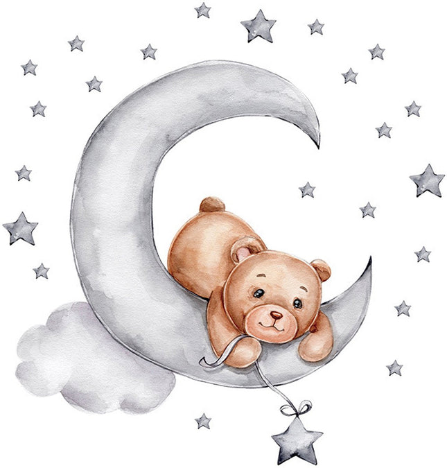 Sipo Wandtattoo Bär auf dem Mond - Selbstklebende Weltraum-Wanddekoration für Kinderzimmer - 60x62 cm - Weltraum-Wandtattoo für Baby- und Kleinkinderzimmer