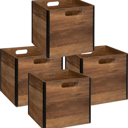 Set von 4x Stück Aufbewahrungskorb/Schrankkorb 29 Liter dunkelbraun aus Holz 31 x 31 x 31 cm - Aufbewahrungsboxen - Regalkörbe