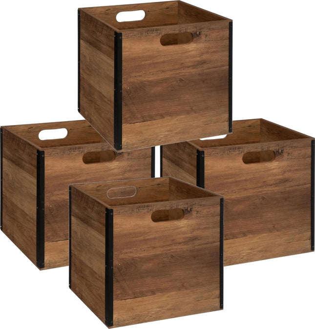 Set von 4x Stück Aufbewahrungskorb/Schrankkorb 29 Liter dunkelbraun aus Holz 31 x 31 x 31 cm - Aufbewahrungsboxen - Regalkörbe