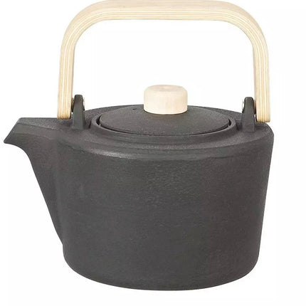 Kinghoff Teekanne aus Gusseisen mit Filter – 1,3 Liter, Schwarz, Holzgriff und Deckelknauf, hochwertiger Edelstahlfilter, traditionelles Design