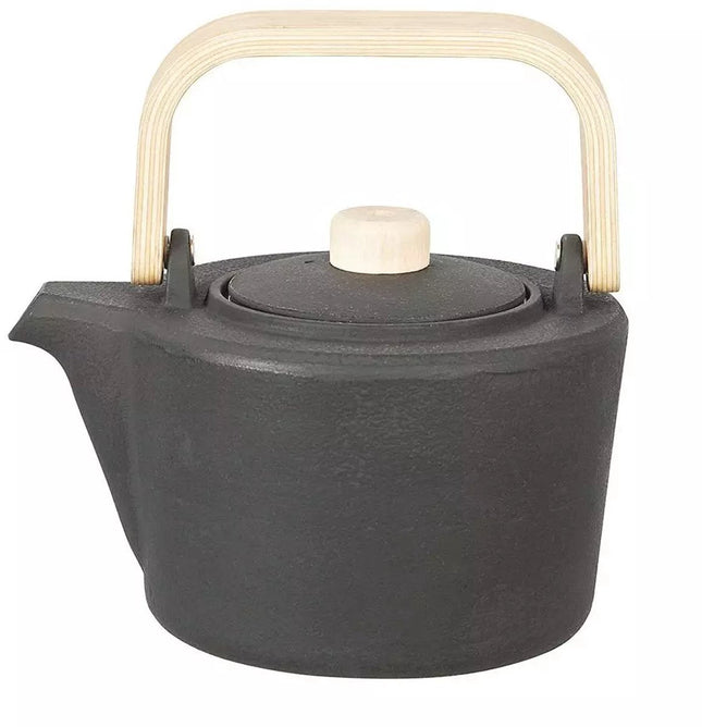 Kinghoff Gietijzeren Theepot met Filter - 1,3 Liter, Zwart, Houten Handvat en Dekselknop, Hoogwaardig RVS Filter, Traditioneel Design