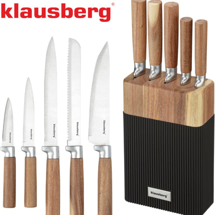 Klausberg KB-7981 6-teiliges Messerset - 5 Messer mit Akazienholzblock - Edelstahl Schwarz - Messerblock inklusive Messer - Natur Look - Kochmesser - Brotmesser -