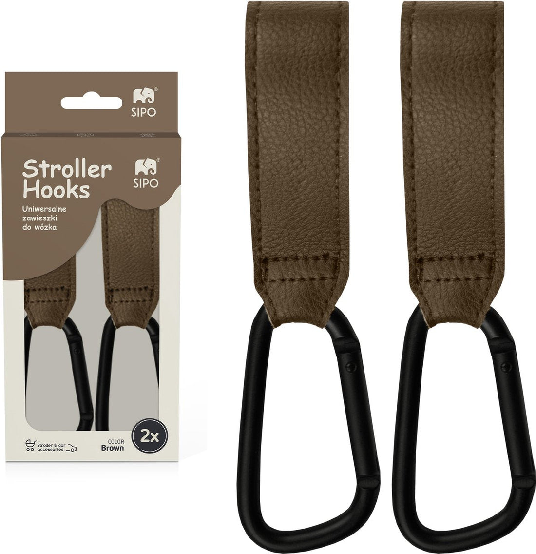 Sipo SCA-11 kinderwagenhaakjes, set van 2 – bruin eco-leer, tot 5 kg