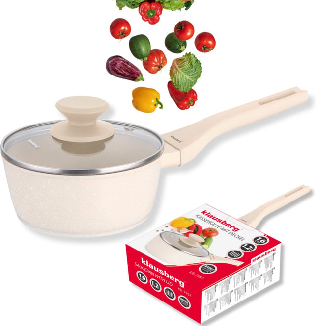 Klausberg KB-7987 Topf 16 cm – 1,2 Liter – Marmor-Antihaftbeschichtung – Induktionsgeeignet – Mit Glasdeckel – Creme