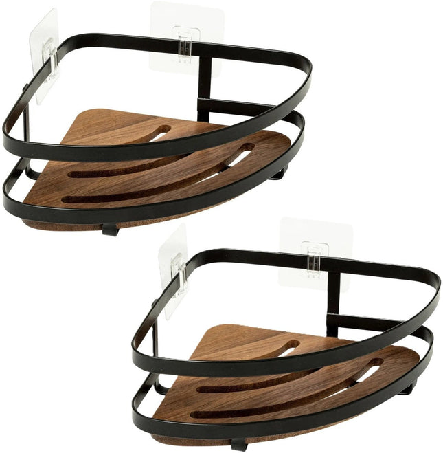 5Five Badezimmer Duschablage Organizer - 2x - schwarzes Metall/Akazienholz - Klebestreifen - 20 x 20 x 7 cm - Eckmontage