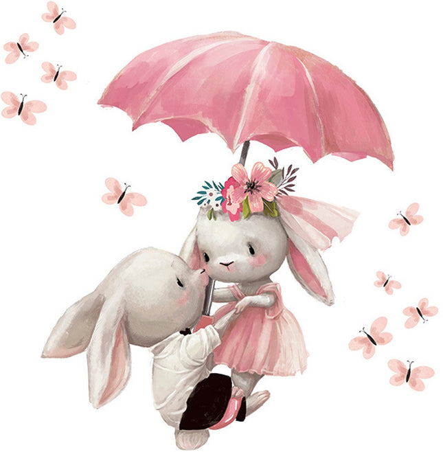 Wandtattoo Kaninchen mit Regenschirm - Selbstklebende Wanddekoration für Kinderzimmer - 64x62 cm - Süßer Kaninchen Aufkleber für Mädchenzimmer und Babyzimmer - Wandsticker