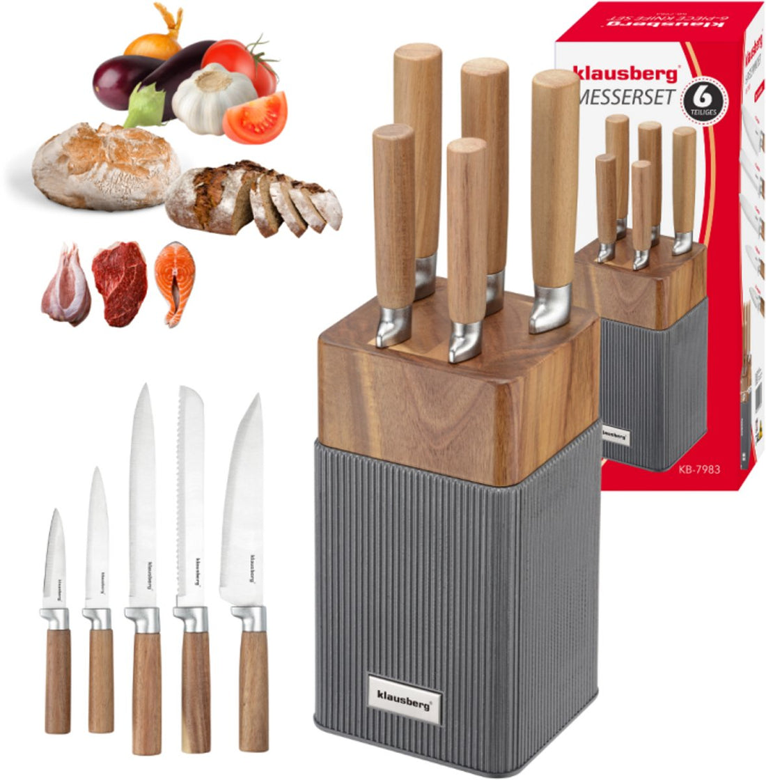 Klausberg KB-7983 messenset 6-delig – 5 keukenmessen met acaciahouten blok