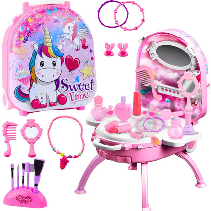 Schminktisch 2-in-1 Einhorn - Aufbewahrungskoffer mit Spiegel und Zubehör - Make-Up Tisch für Mädchen - Beauty-Set mit Griff und Rollen - Schminktisch - Tragbarer Beauty-Tisch