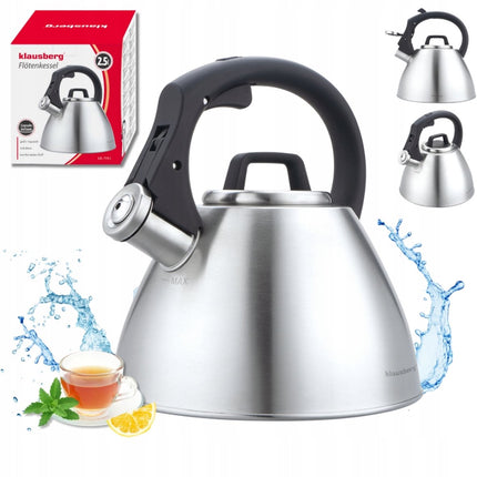 KLAUSBERG KB-7951 Flötenkessel 2,5 L – Edelstahl – Soft-Touch-Griff – Induktion – Silber