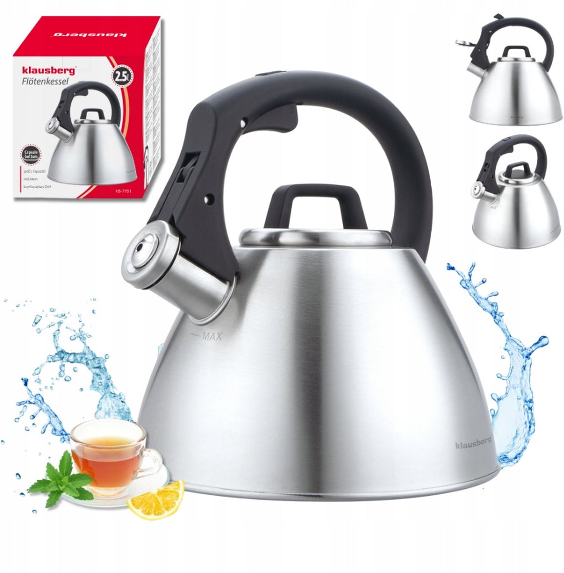 Klausberg KB-7951 fluitketel 2,5 liter – RVS, soft-touch handgreep, inductie