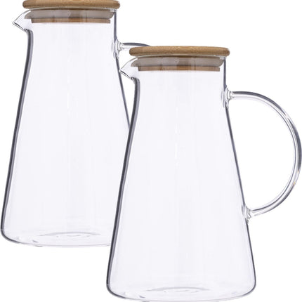 5Five Karaffe/Ausgießer 1,5 Liter - 2er Set - Glas mit Bambusholzdeckel - Wasserkrug - Saftkanne