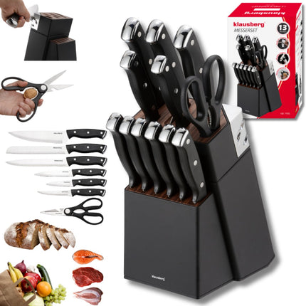 Klausberg KB-7985 13-teiliges Messerset – Schwarzer Messerblock mit Wetzstahl – Inklusive 6 Steakmessern – Messerset mit Block – U.a. Brotmesser, Kochmesser, Fleischmesser und Schere