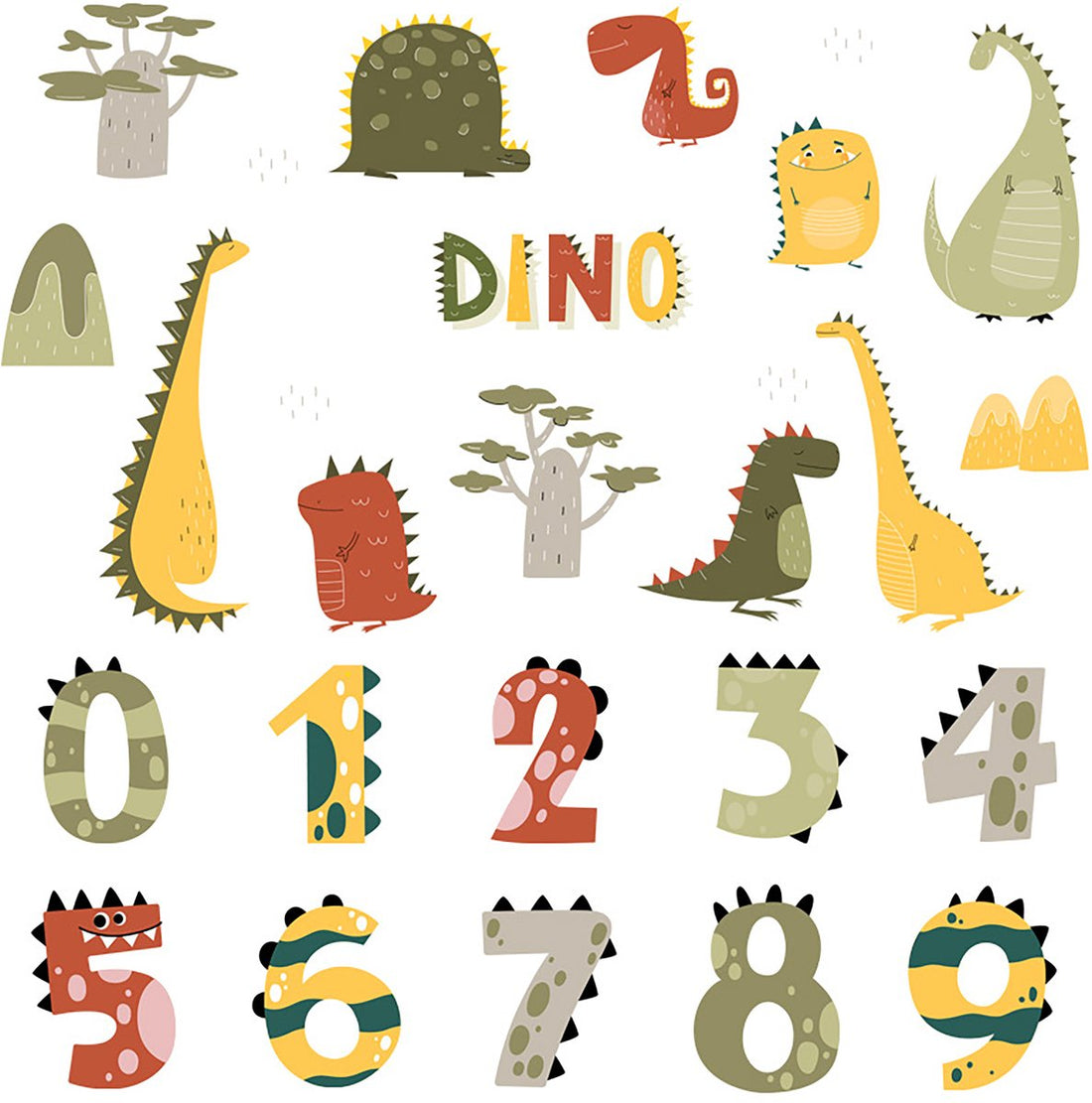 Sipo muursticker kinderkamer Cijfers en Dino's – 63 x 63 cm, zelfklevend