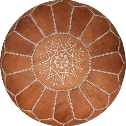 Marokkanischer Leder Pouf – Handgefertigt & Gefüllt Geliefert – Ø 55 cm – Braun (Natural Tan) – Multifunktional als Fußhocker, Beistelltisch oder Sitzsack