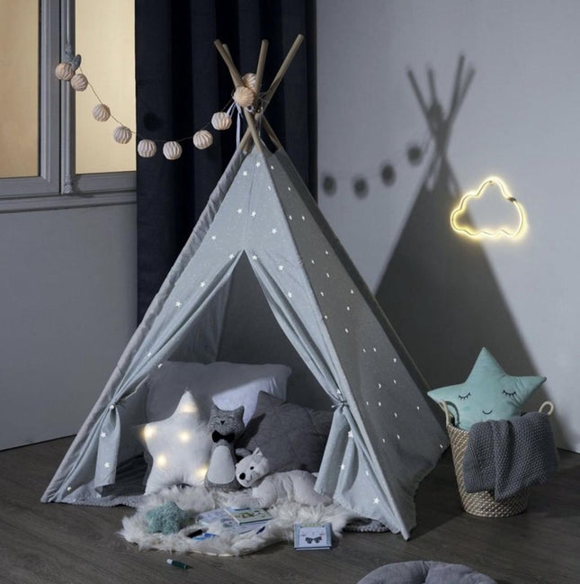 Atmosphera Kids Tipi Wigwam – blau mit grauen und silbernen Sternen – Spielzelt – Höhe 160 cm – Baumwolle