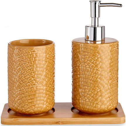 Badkamer accessoires set 3-delig camel bruin relief van keramiek - Zeeppompje - Beker - Tray