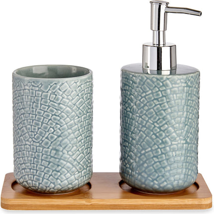 Badezimmer-Accessoire-Set 3-teilig graublau Relief aus Keramik - Seifenspender - Becher - Ablageschale