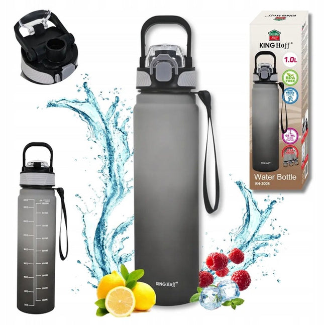 KINGHoff Trinkflasche 1L mit Sicherheitsverschluss – BPA-frei & Auslaufsicher – Sportflasche – Motivations-Trinkflasche – Bidon