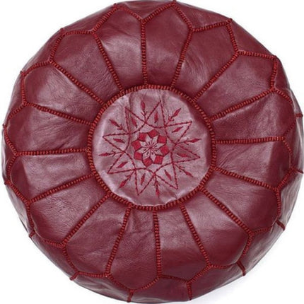 Marokkanischer Leder Pouf – Handgefertigt & Gefüllt Geliefert – Bordeauxrot – Ø 45 cm – Traditionelles geometrisches Muster – Multifunktionaler Fußhocker / Beistelltisch